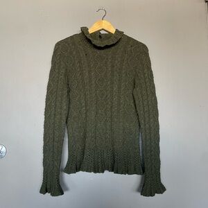 Ralph Lauren Green cable knit sweater with bell sleeves and ruffle hem
